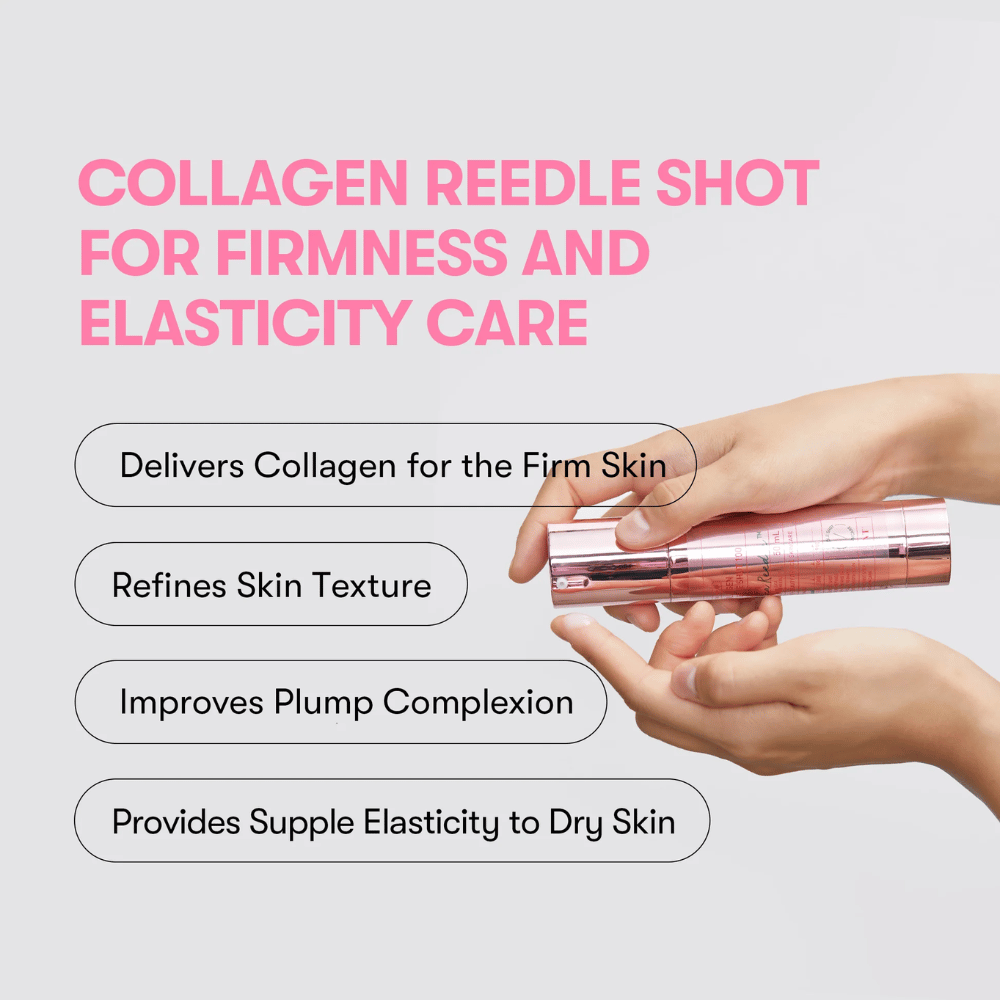 Person håller VT Collagen Reedle Shot 100. Serumet stärker hudens fasthet, förbättrar textur och ger fyllig elasticitet.