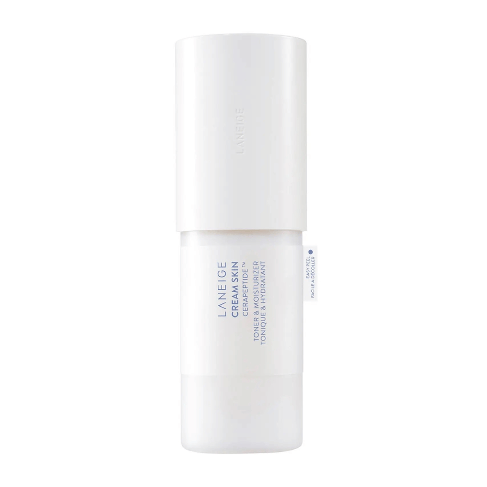 Laneige Cream Skin Cerapeptide Refiner i en vit flaska med pump. Produkten kombinerar toner och fuktkräm, designad för att återfukta och tona huden.