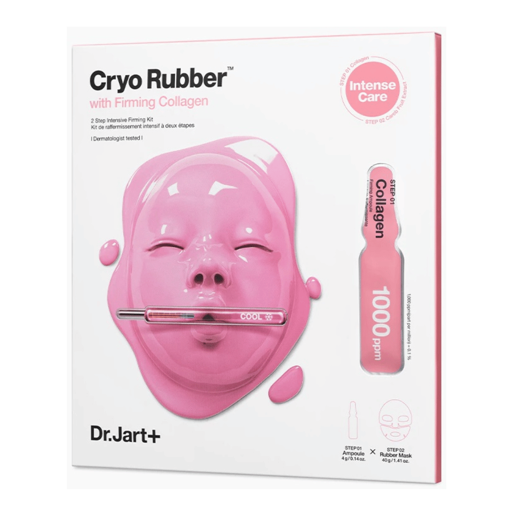 En bild av Dr.Jart+'s Cryo Rubber™ med Firming Collagen produkt, visar en rosa ansiktsmask och beskrivning av innehållet.