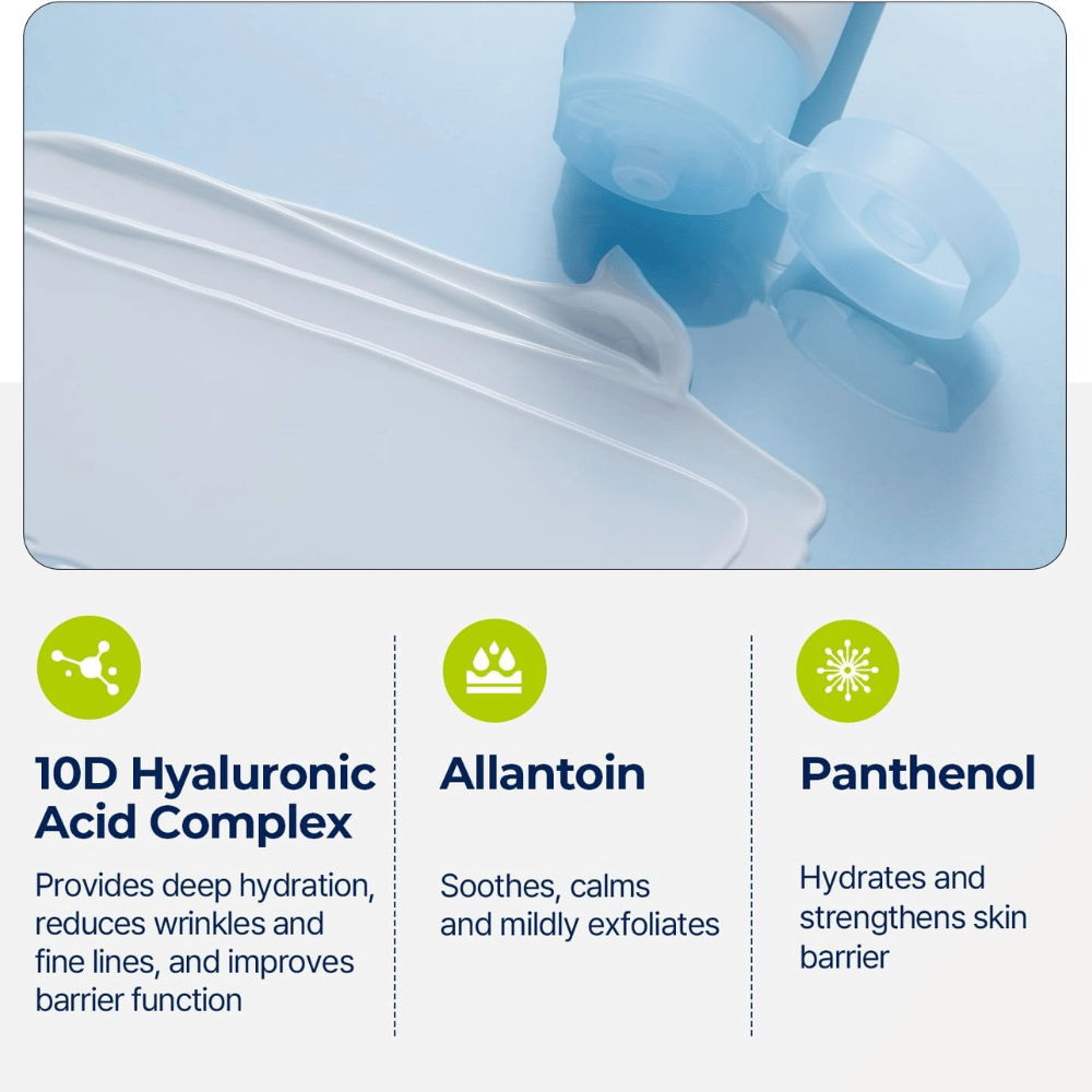 Närbild på solkrämens konsistens som är utsmetad på en blå yta. Under visas ingredienser och deras funktioner, som hyaluronsyra, allantoin och panthenol.