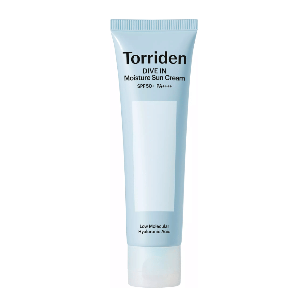 Torriden DIVE-IN Moisture Sun Cream SPF50+ PA++++ produktbild på vit bakgrund med lågmolekylär hyaluronsyra för intensiv återfuktning och UV-skydd.
