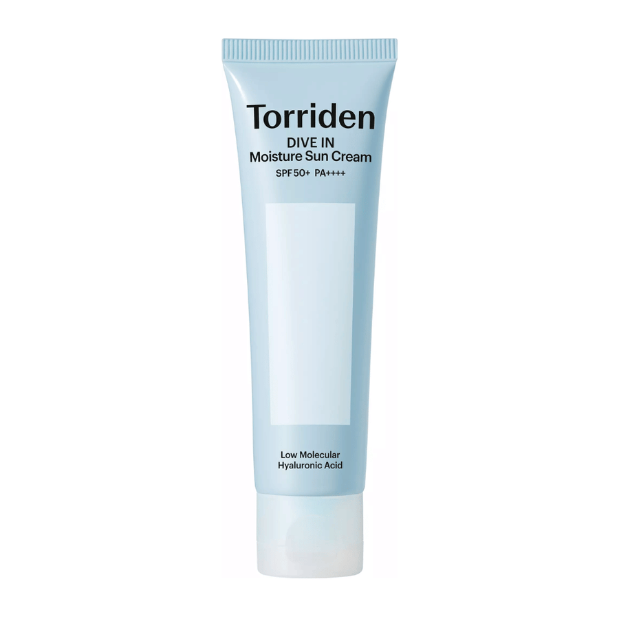 Torriden DIVE-IN Moisture Sun Cream SPF50+ PA++++ produktbild på vit bakgrund med lågmolekylär hyaluronsyra för intensiv återfuktning och UV-skydd.