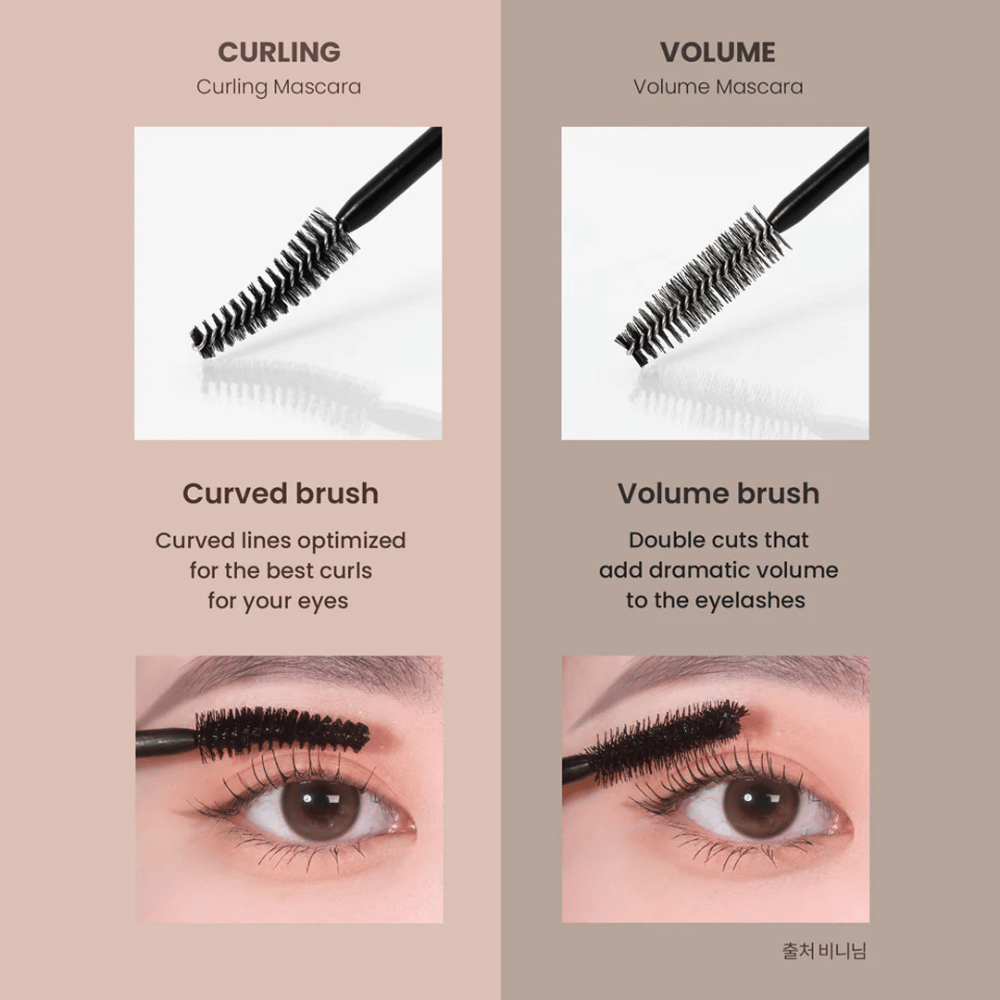 Jämförelse mellan Heimish Dailism Smudge Stop Mascara Curling och Volume som visar skillnaden mellan böjda fransar och intensiv volym.