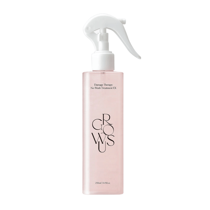 Frilagd produktbild av GROWUS Damage Therapy No-Wash Treatment EX i rosa sprayflaska med leave-in formula för återfuktning och vård av skadat hår.