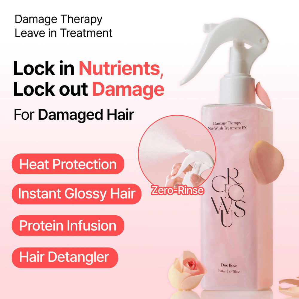 Kampanjbild för GROWUS Damage Therapy No-Wash Treatment EX med fokus på värmeskydd, glans, proteinvård och utredande effekt för skadat och torrt hår.