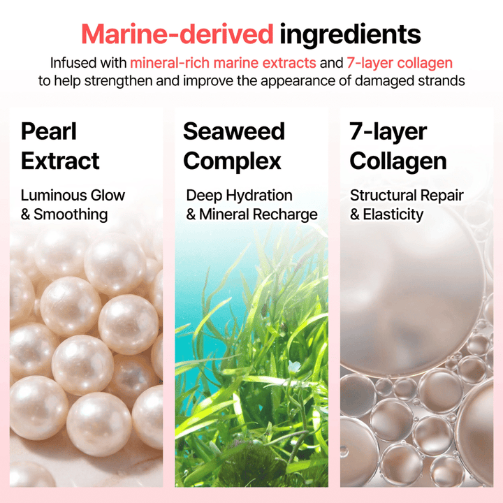 Informationsbild om marina ingredienser i GROWUS Damage Therapy No-Wash Treatment EX med pärlextrakt, sjögräskomplex och 7-lagers kollagen för glans och återfuktning.