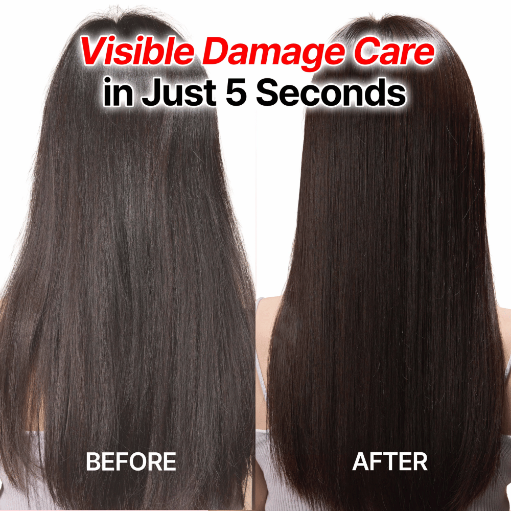 Före och efter resultat med GROWUS Damage Therapy Shampoo EX för slätare och friskare hår