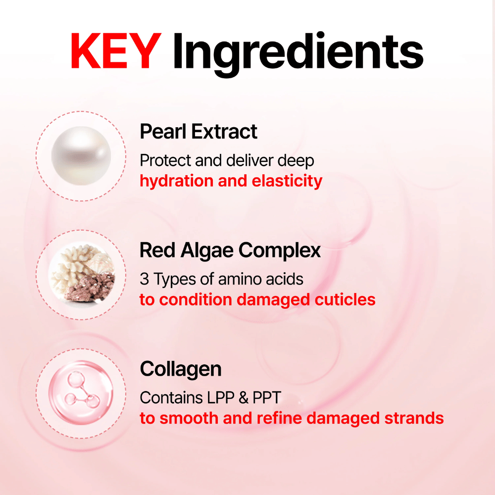 Nyckelingredienser i GROWUS Damage Therapy Shampoo EX med pärlextrakt, rödalgskomplex och kollagen
