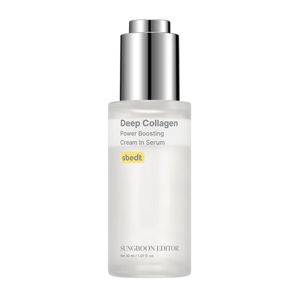 Deep Collagen Power Boosting Cream in Serum i elegant genomskinlig flaska med silverlock. En kollagenrik produkt som ger fylligare hud.