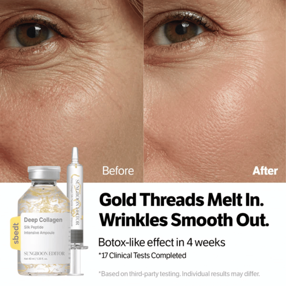 SUNGBOON EDITOR Deep Collagen Silk Peptide Intensive Ampoule – serum med peptider som hjälper till att minska rynkor och förbättra hudens elasticitet för ett slätare resultat.