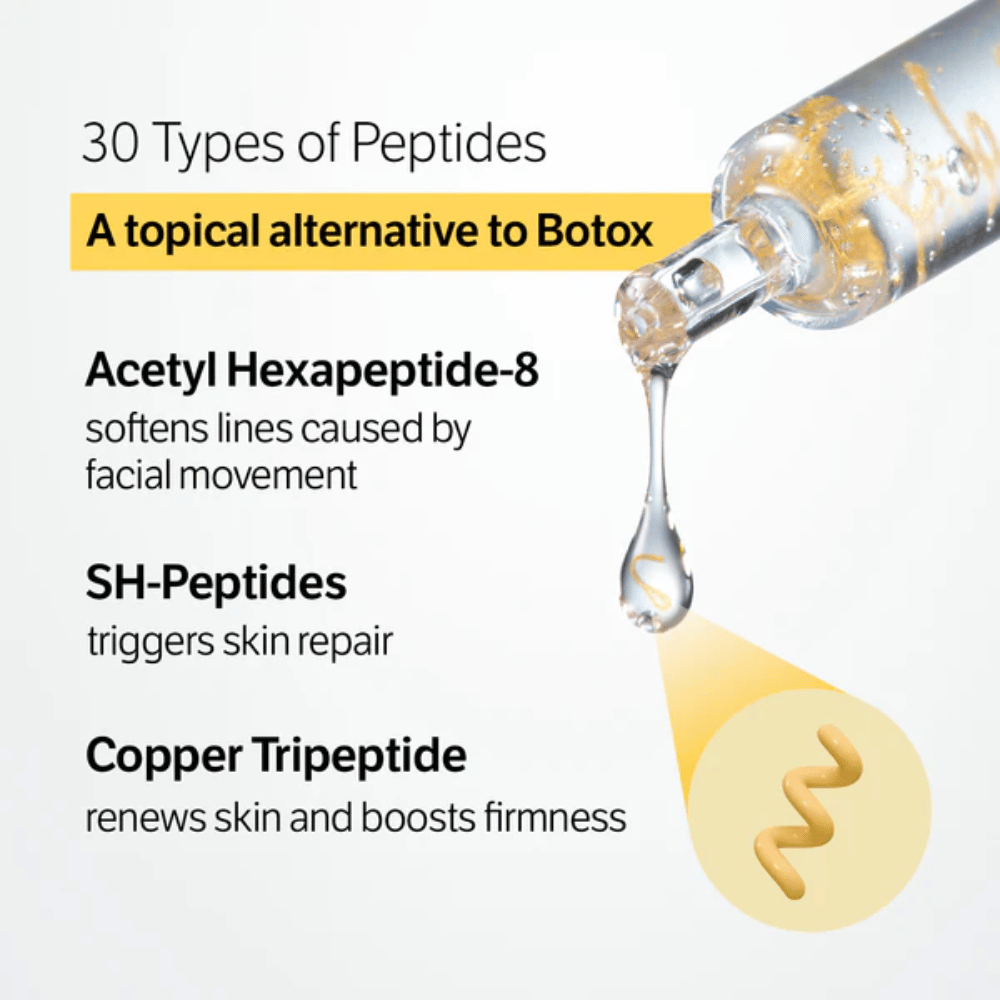 SUNGBOON EDITOR Deep Collagen Silk Peptide Intensive Ampoule med 30 typer av peptider som hjälper till att reducera fina linjer, stärka huden och förbättra hudens struktur.
