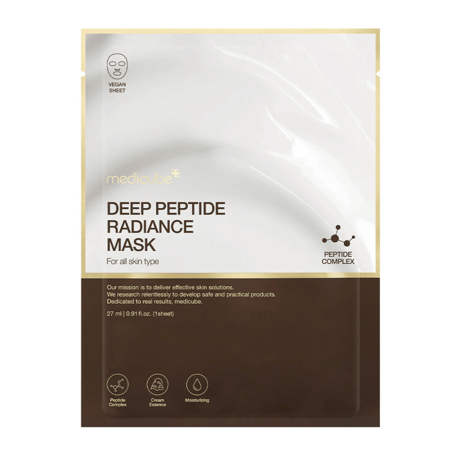 Framsida av Medicube Deep Peptide Radiance Mask, vegansk sheet mask med peptidkomplex för återfuktning och lyster.