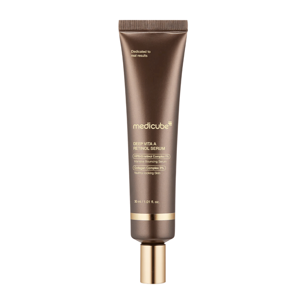 Medicube Deep Vita A Retinol Serum i brun tub med gulddetaljer, en anti-aging produkt som kombinerar retinol och kollagen för fastare hud.