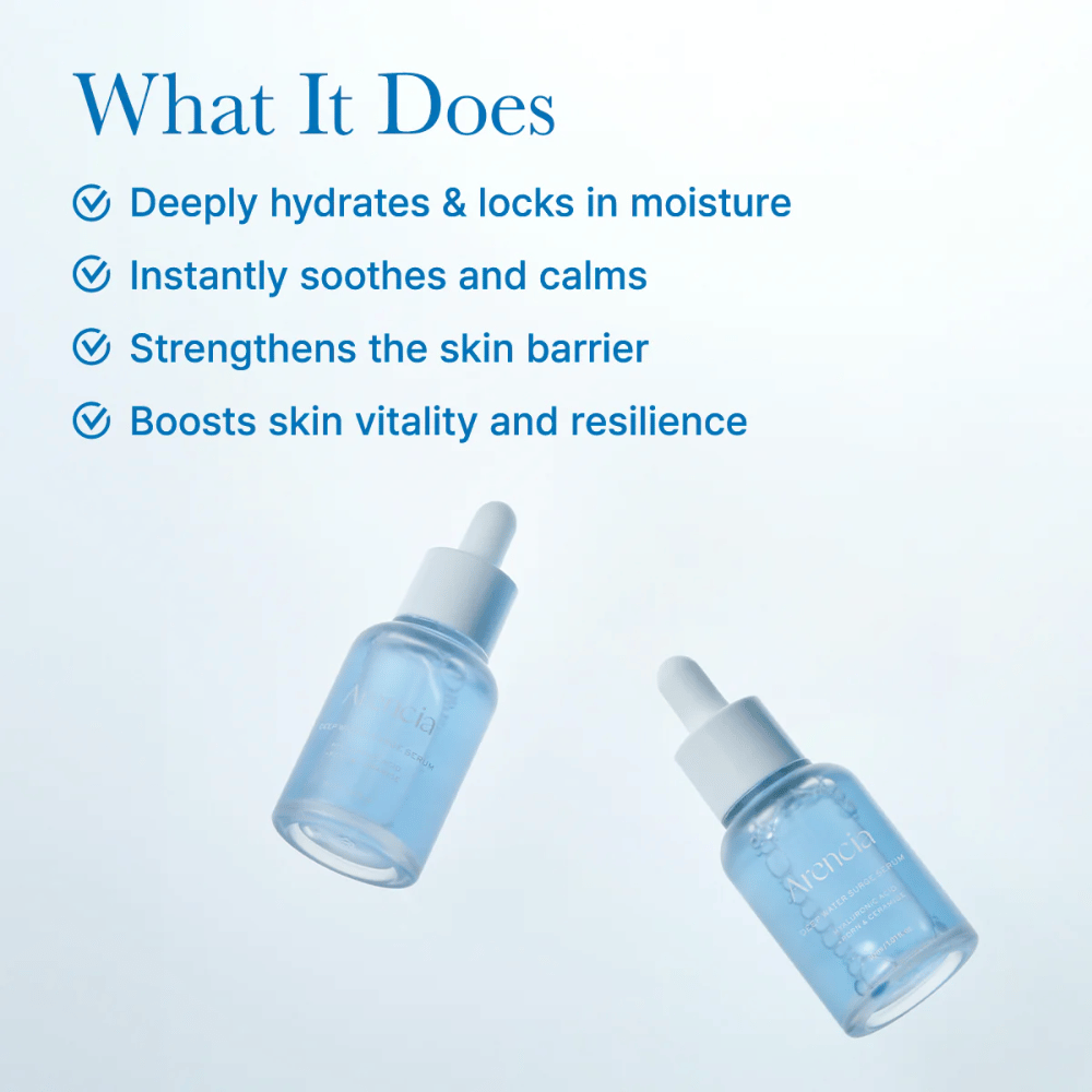 Två flaskor Arencia Deep Water Surge Serum som framhäver serumets lätta, vattenbaserade textur för intensiv återfuktning och balanserad hud.