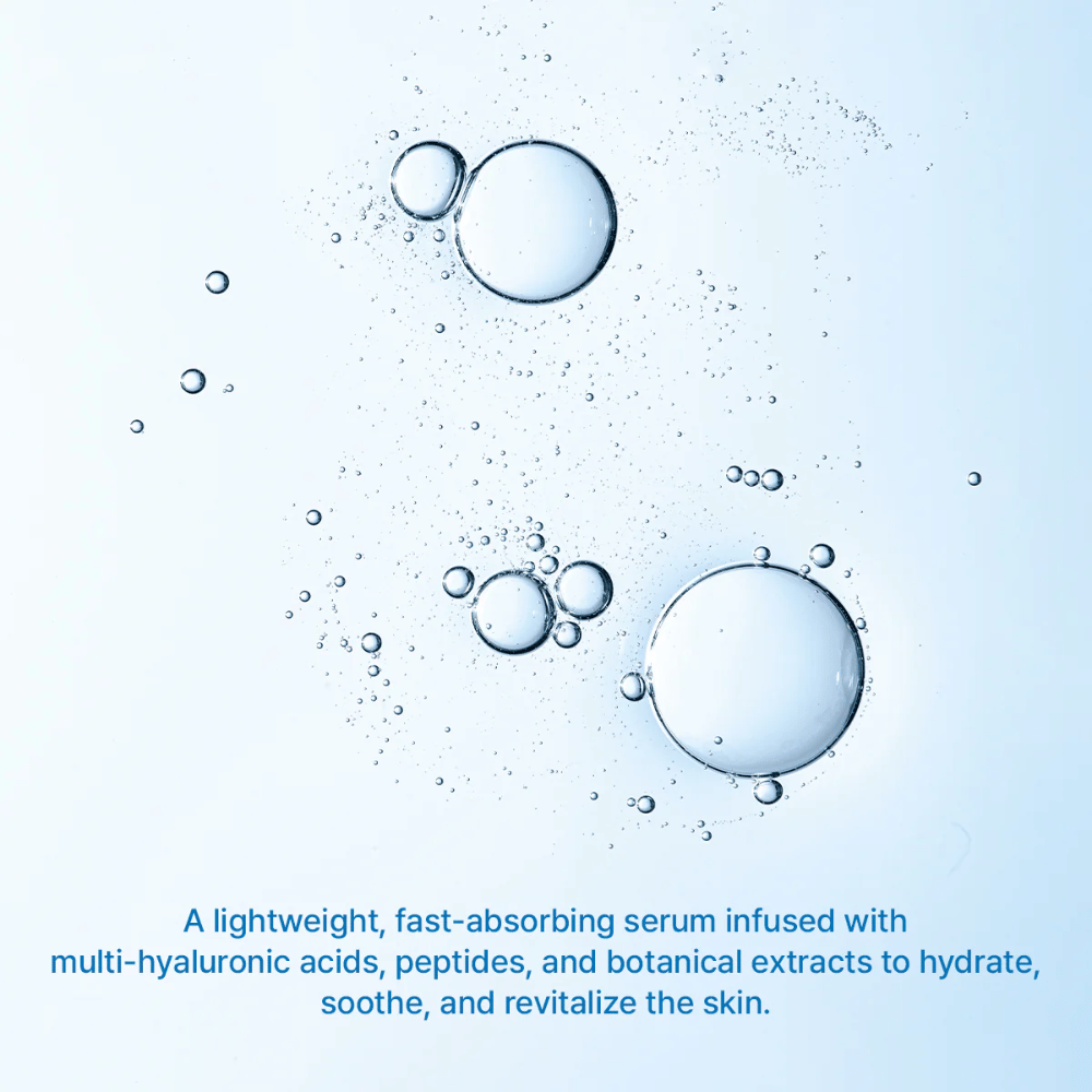 Illustration av vattenbubblor som symboliserar intensiv återfuktning från Arencia Deep Water Surge Serum med multi-hyaluronsyra och snabbabsorberande formula.