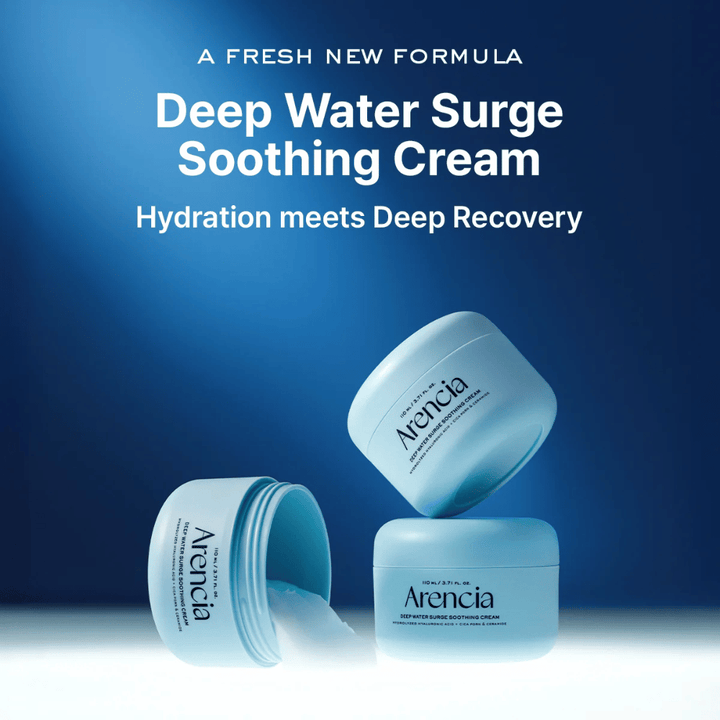 Arencia Deep Water Surge Soothing Cream – ny lugnande och återfuktande ansiktskräm som kombinerar intensiv hydration med hudreparerande vård.