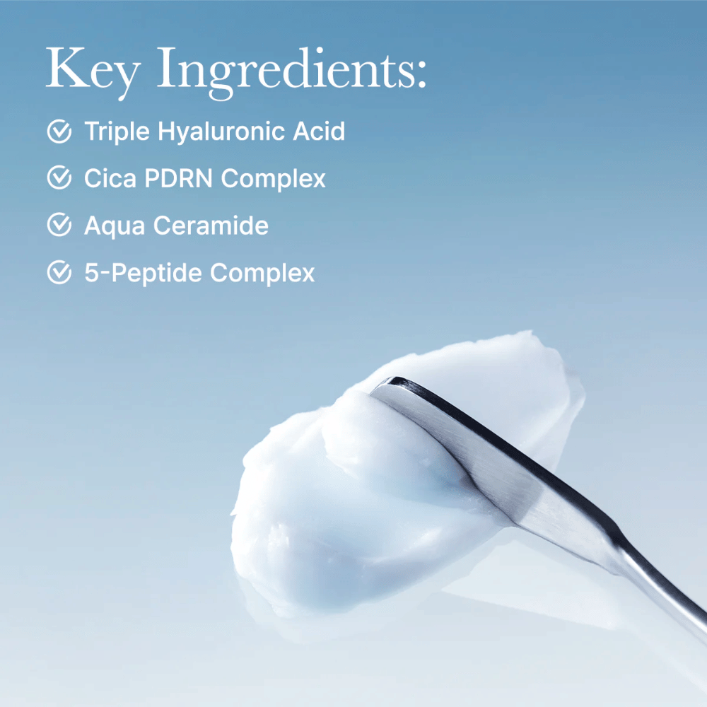 Nyckelingredienser i Arencia Deep Water Surge Soothing Cream med trippel hyaluronsyra, Cica PDRN, aqua ceramide och 5-peptidkomplex för intensiv återfuktning och hudbarriärstöd.