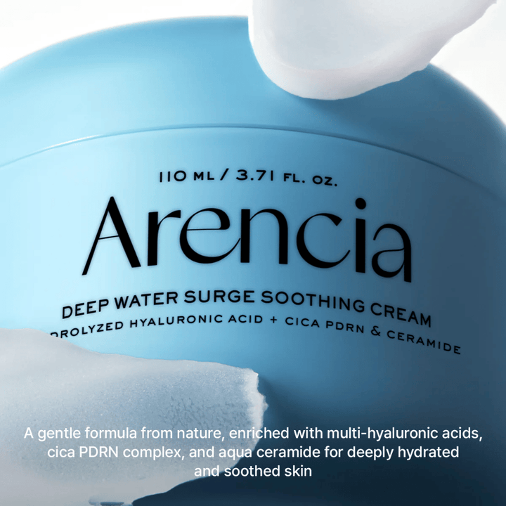 Arencia Deep Water Surge Soothing Cream med hyaluronsyra, Cica PDRN och ceramider – lugnande ansiktskräm som återfuktar på djupet och stärker hudbarriären för känslig och torr hud.