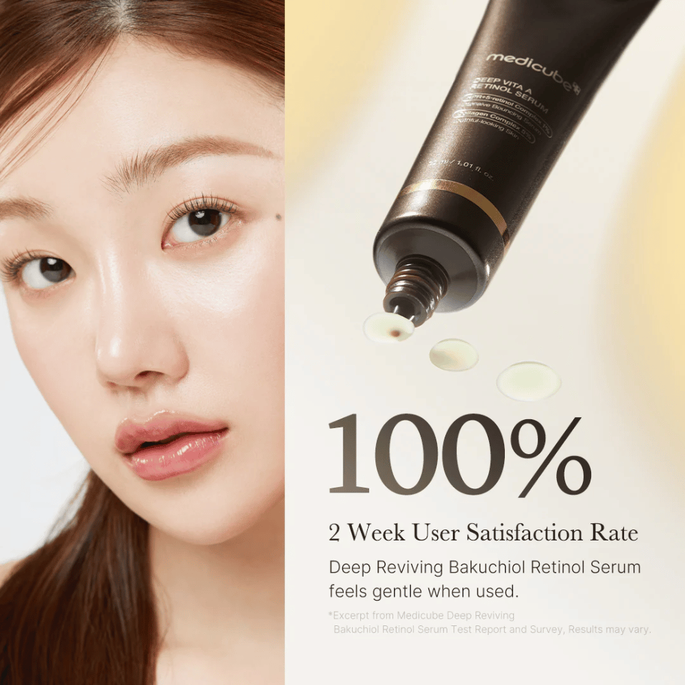 Reklambild för Medicube Deep Vita A Retinol Serum med en närbild på en kvinna, produkttuben och text som visar 100% användarnöjdhet efter två veckor.