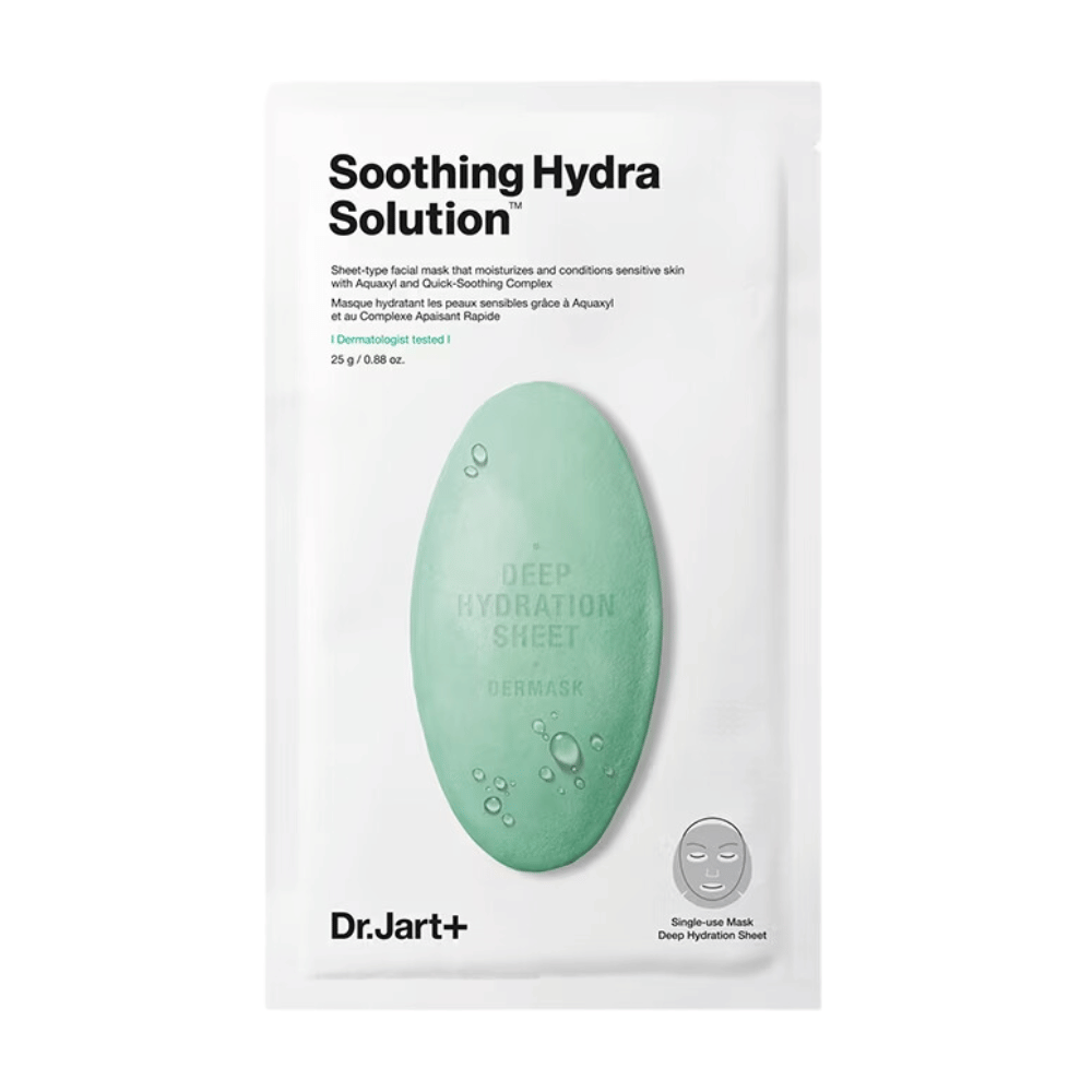 En förpackning av Dr.Jart+'s "Soothing Hydra Solution" djuphydrerande ansiktsmask, med en grön vattendroppsformad design mot en vit bakgrund. Masken är en engångsprodukt avsedd för djup hydrering.