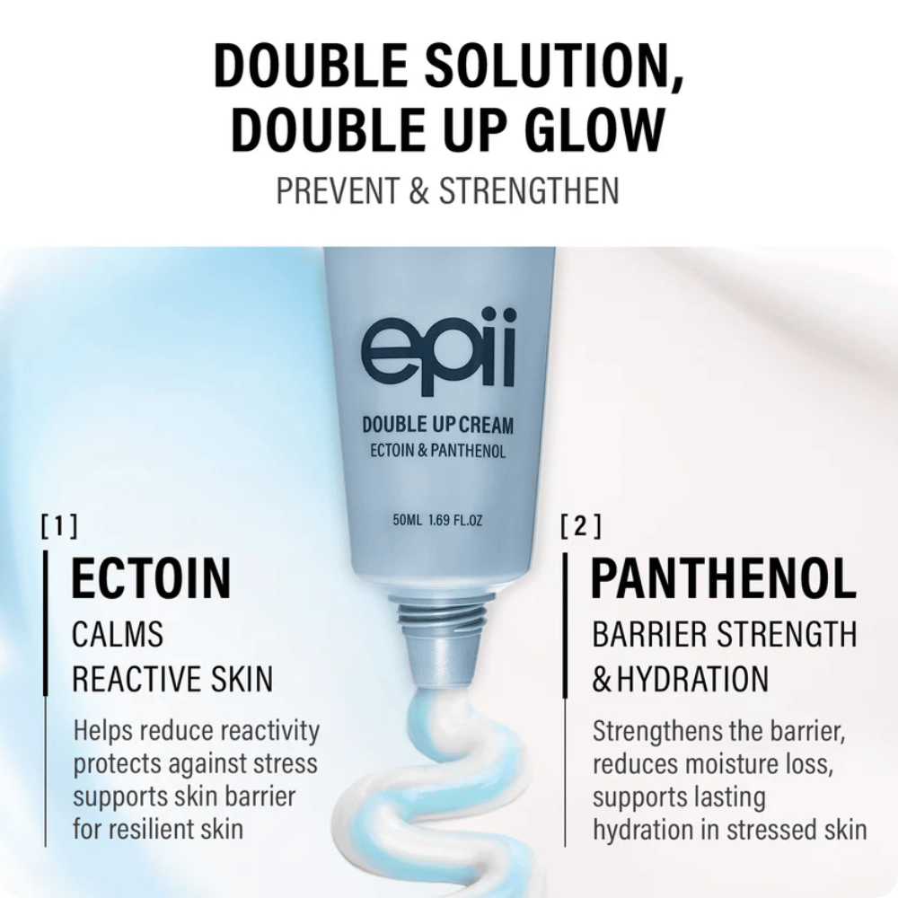 EPII Double Up Cream med ectoin och pantenol – återfuktande ansiktskräm som lugnar huden, stärker hudbarriären och ger långvarig återfuktning.