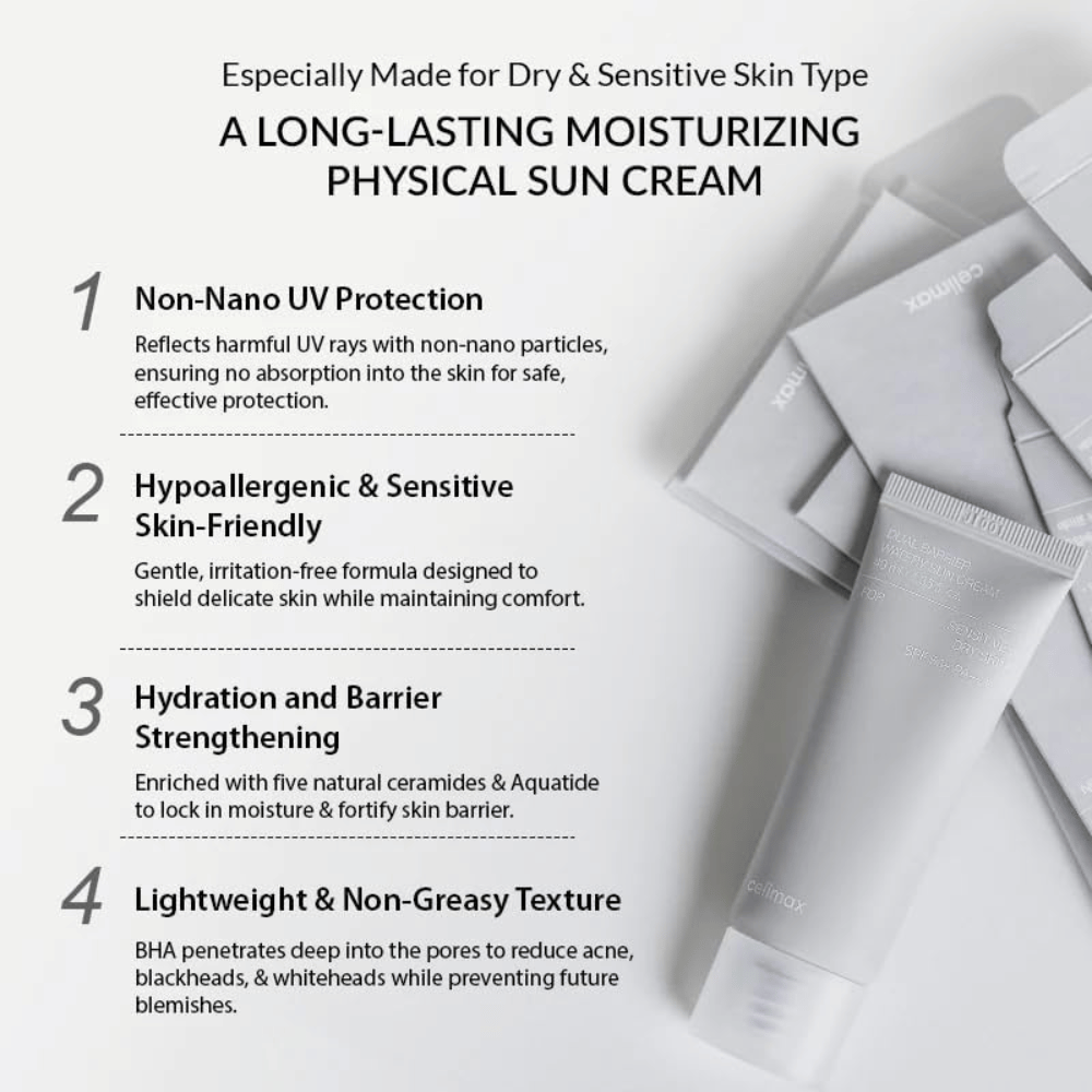 Celimax Dual Barrier Watery Sun Cream SPF50+ PA++++ med fysikaliskt UV-filter, fem ceramider och Aquatide som återfuktar och stärker hudbarriären.