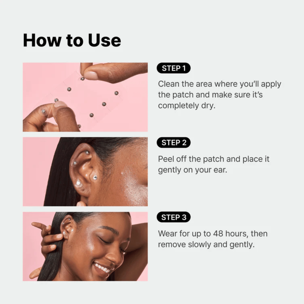 Steg-för-steg-guide som visar hur RETURNITY Ear Therapy Acupressure Patch appliceras på örat. Plåstren placeras på utvalda punkter och kan bäras i upp till 48 timmar.
