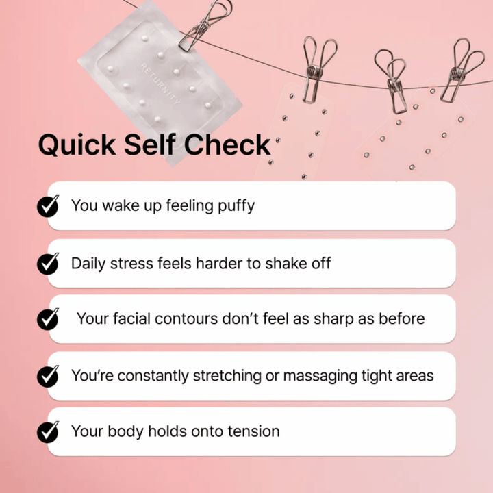 Illustration av vanliga tecken på stress, svullnad och spänningar. RETURNITY Ear Therapy Acupressure Patch presenteras som en del av en daglig wellness-rutin för avslappning och balans.