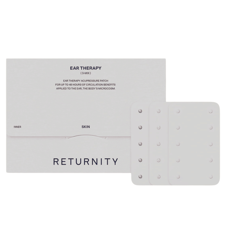 RETURNITY Ear Therapy Acupressure Patch 30pcs (3-Mix) med förpackning och tre olika typer av akupressurplåster. Setet innehåller flera varianter för anpassad öronakupressur och daglig användning.