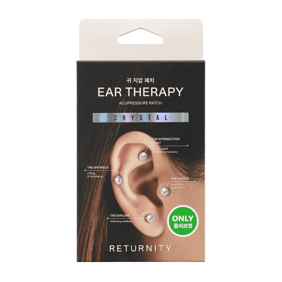 Förpackning av RETURNITY Ear Therapy Acupressure Patch Crystal med dekorativa kristallpatcher för öronakupressur och fokus på specifika öronpunkter.