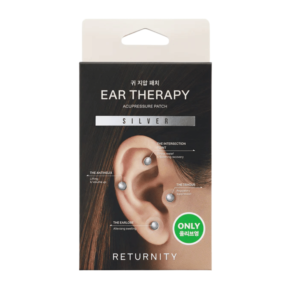 Förpackning av RETURNITY Ear Therapy Acupressure Patch Silver med silverfärgade öronpatcher och markerade akupressurpunkter på örat.
