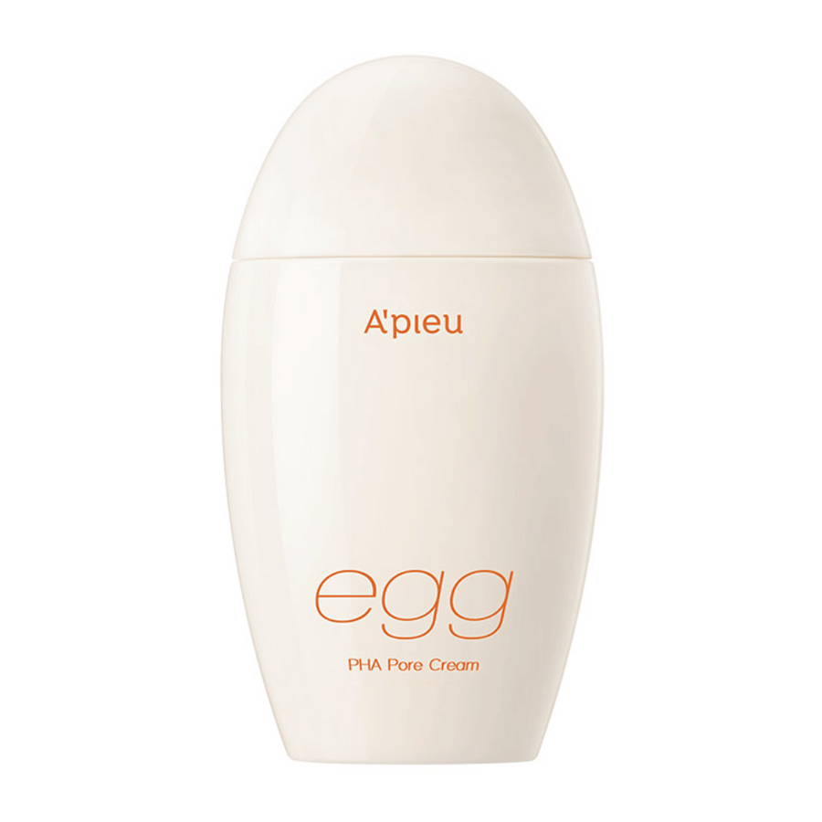 A’pieu Egg PHA Pore Cream i äggformad, beige förpackning med orange text – en koreansk ansiktskräm för porförminskning och skonsam exfoliering.