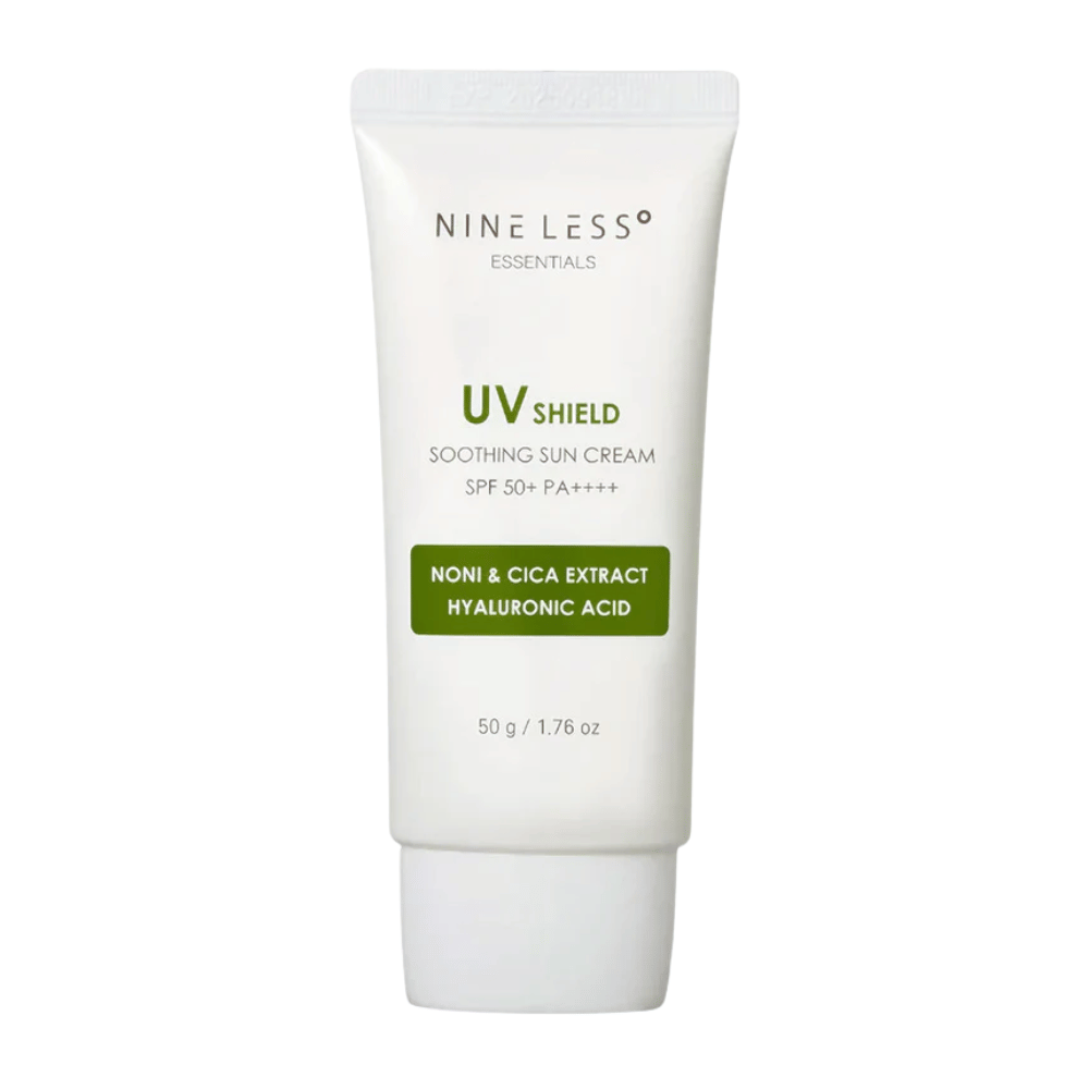 NINE LESS Essentials UV Shield Soothing Sun Cream SPF 50+ PA++++ – återfuktande solkräm med noni, cicaextrakt och hyaluronsyra som skyddar och lugnar huden.