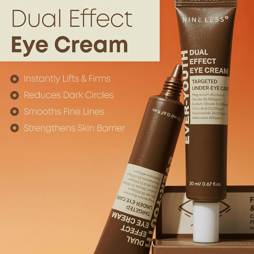 NINE LESS Ever-Youth Dual Effect Eye Cream – uppstramande ögonkräm för mörka ringar, fina linjer och hudbarriär