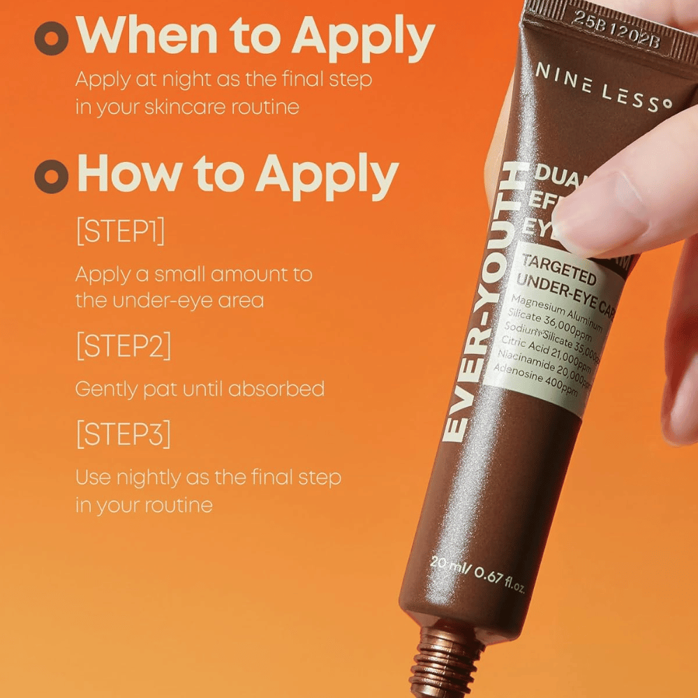 NINE LESS Ever-Youth Dual Effect Eye Cream – applicering av ögonkräm som sista steget i kvällsrutinen