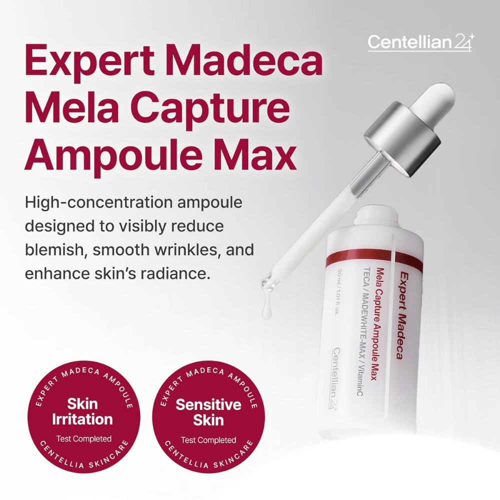 Centellian24 Expert Madeca Mela Capture Ampoule Max 30 ml – koncentrerad koreansk ampull för pigmentfläckar, fina linjer och förbättrad lyster.