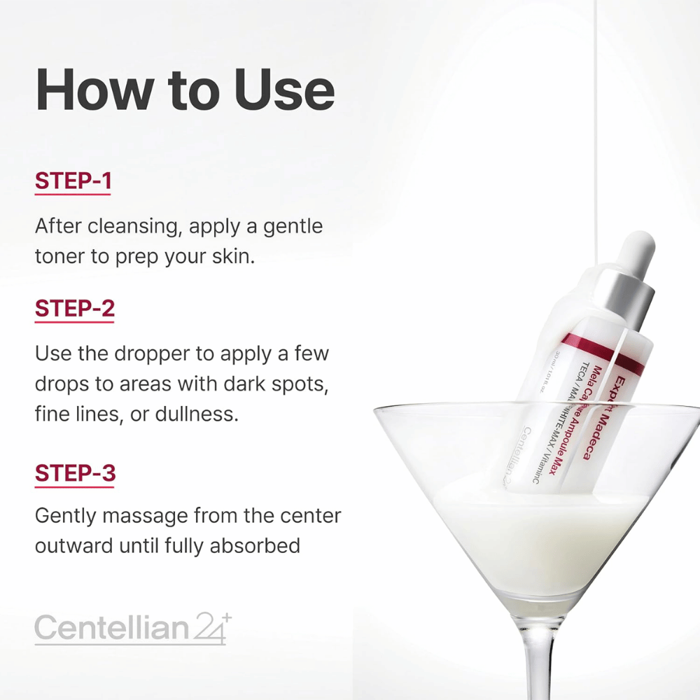 Centellian24 Expert Madeca Mela Capture Ampoule Max – applicera några droppar på områden med pigmentfläckar, fina linjer eller glåmig hud och massera försiktigt in.