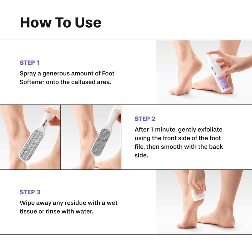 Så använder du BAREN Foot Callus Eraser Home Set – applicera Foot Softener, fila förhårdnader och skölj fötterna
