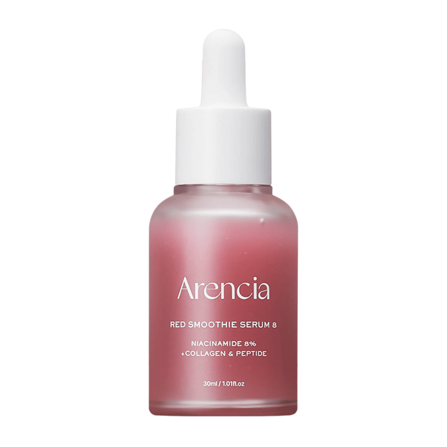 Arencia Red Smoothie Serum 8 i glasflaska med pipett, 30 ml. Ett rosa serum med niacinamid, collagen och peptider som stärker hudbarriären och ökar spänsten.