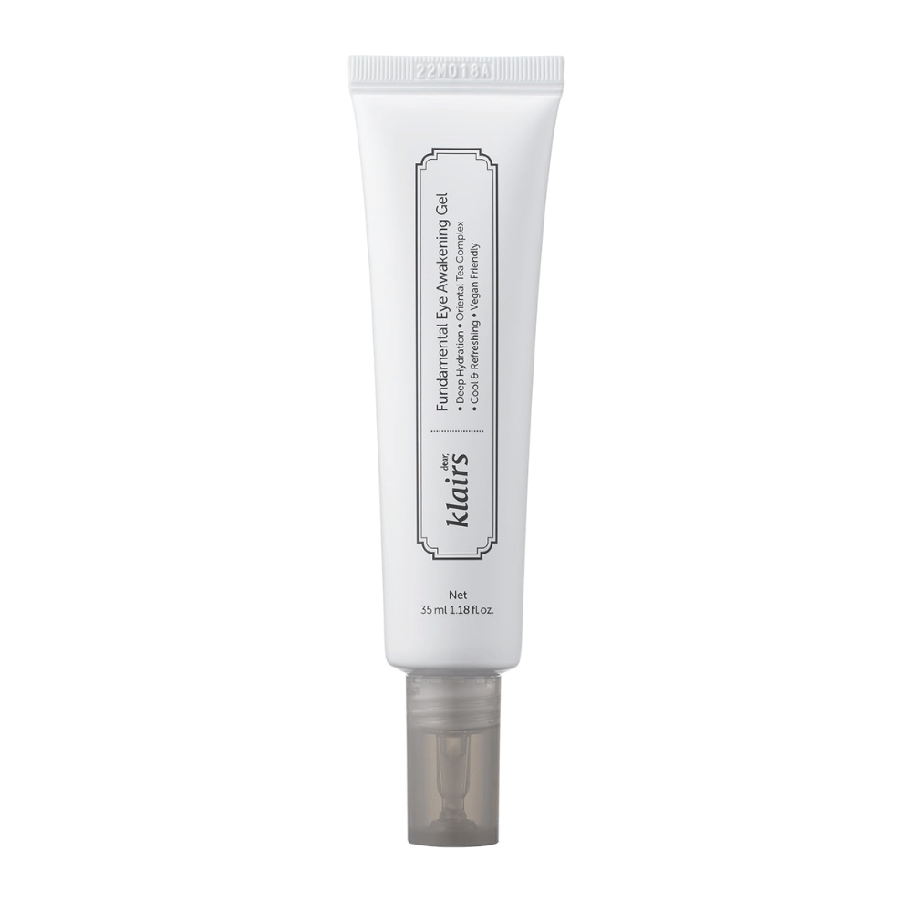 Frilagd produktbild av Klairs Fundamental Eye Awakening Gel mot vit bakgrund. Tuben visas framifrån för att tydligt presentera produktnamn, storlek och den rena, minimalistiska design som kännetecknar Klairs produkter.