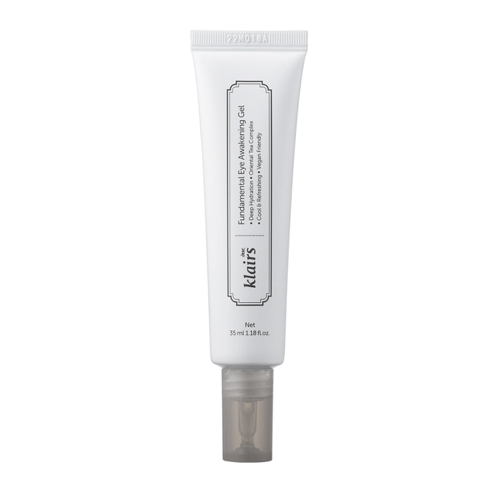 Frilagd produktbild av Klairs Fundamental Eye Awakening Gel mot vit bakgrund. Tuben visas framifrån för att tydligt presentera produktnamn, storlek och den rena, minimalistiska design som kännetecknar Klairs produkter.