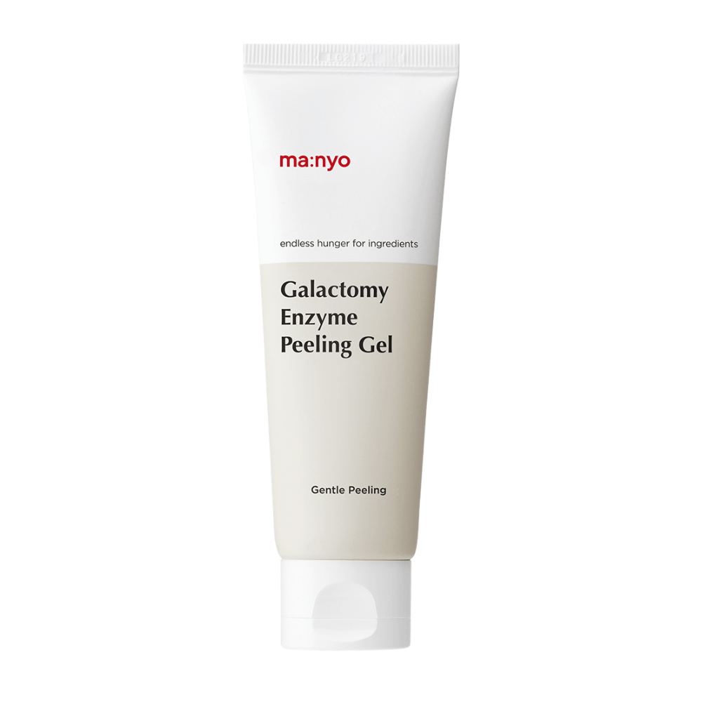 ma:nyo Galactomy Enzyme Peeling Gel, skonsam exfolierande peelinggel i vit och beige tub mot vit bakgrund.