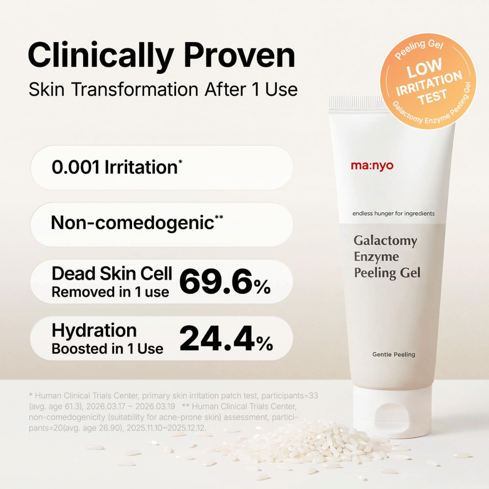 ma:nyo Galactomy Enzyme Peeling Gel med kliniska testresultat för exfoliering, återfuktning och hudvänlig formula.