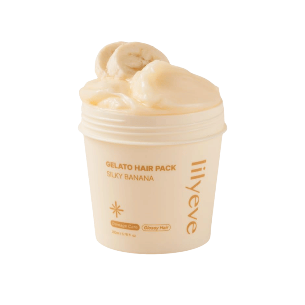 LILYEVE Gelato Hair Pack Silky Banana 200 ml – krämig hårmask för skadat hår med fokus på mjukhet och glans.