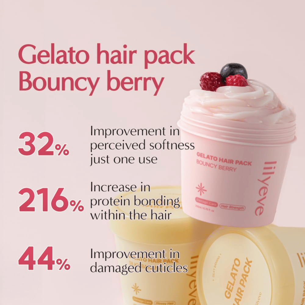 LILYEVE Gelato Hair Pack Bouncy Berry – stärkande proteinmask för mjukare hår och vård av skadade hårstrån.