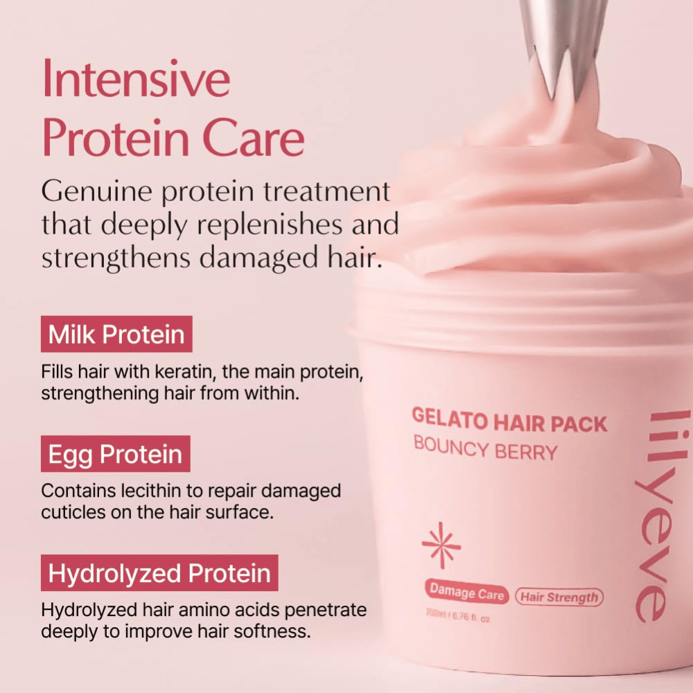 LILYEVE Gelato Hair Pack Bouncy Berry med mjölkprotein, äggprotein och hydrolyserat protein för intensiv vård av skadat hår.