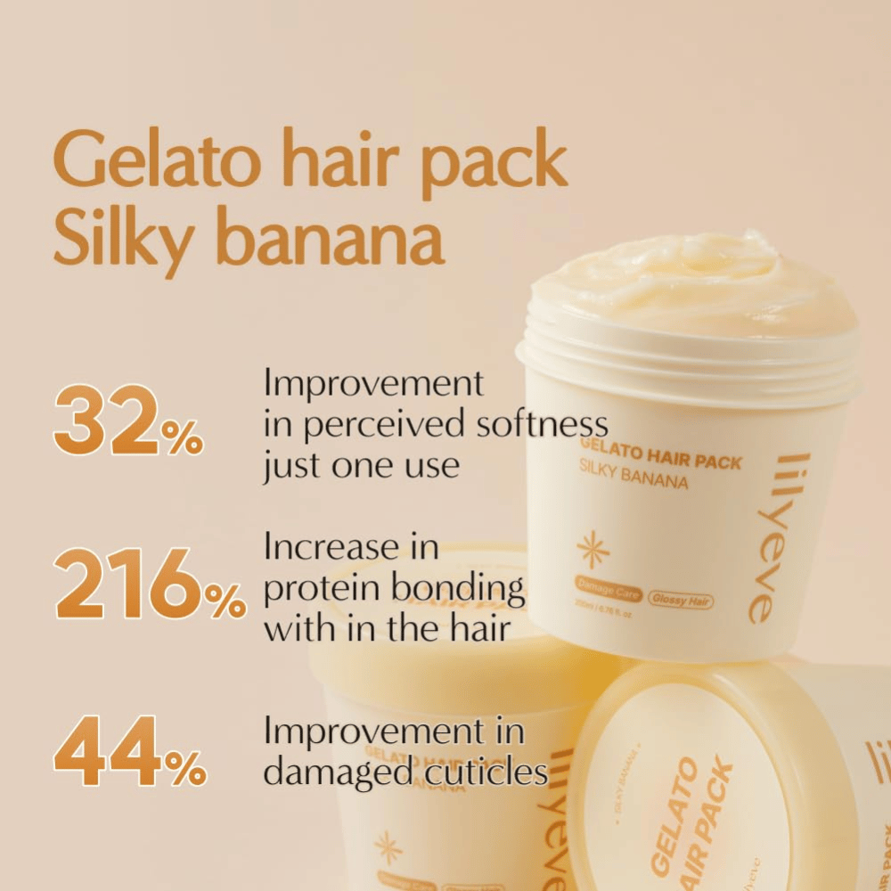 LILYEVE Gelato Hair Pack Silky Banana – proteinrik hårmask för mjukare hår, glans och vård av skadade hårstrån.