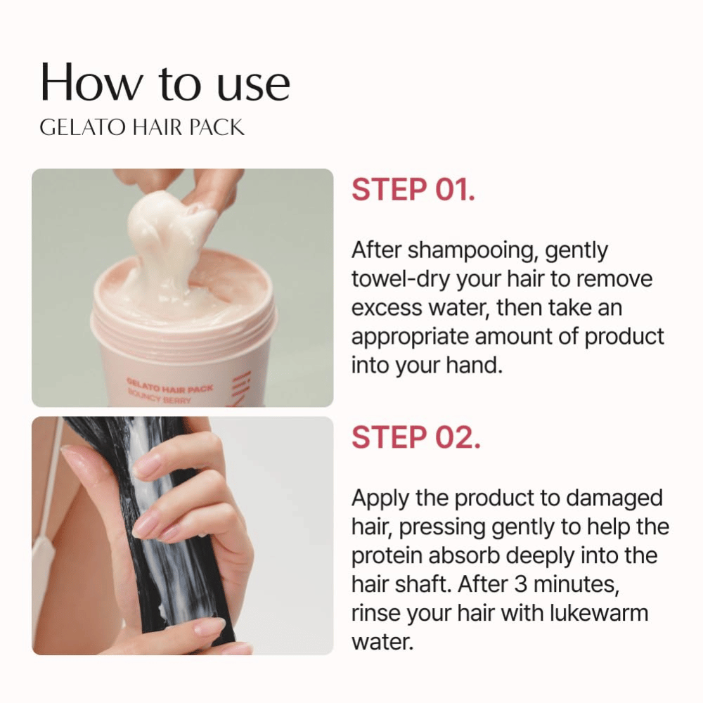 Så använder du LILYEVE Gelato Hair Pack – applicera hårmasken i handdukstorkat hår, låt verka i 3 minuter och skölj ur.