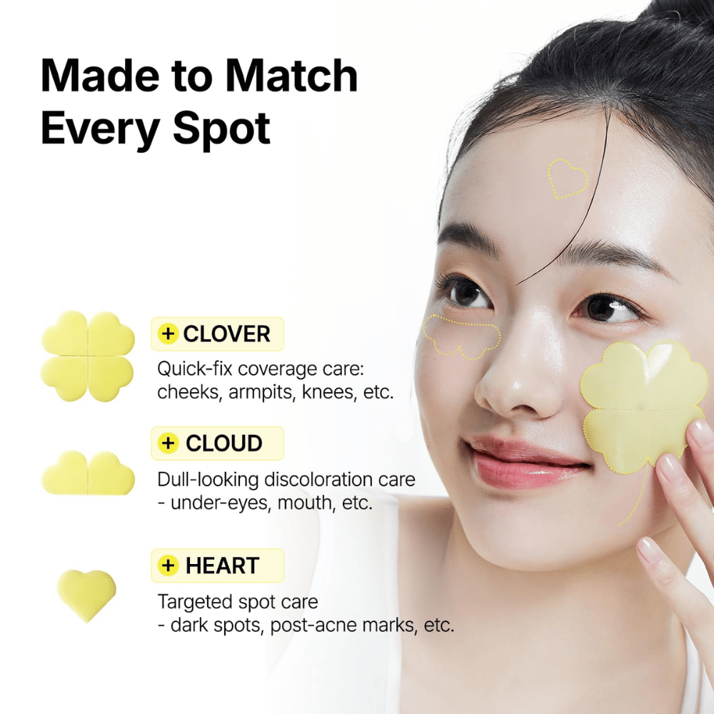 Ma:nyo Glutathione 7 Dark Spot Serum Patch med klöver-, moln- och hjärtformade patches för riktad behandling av olika hudområden