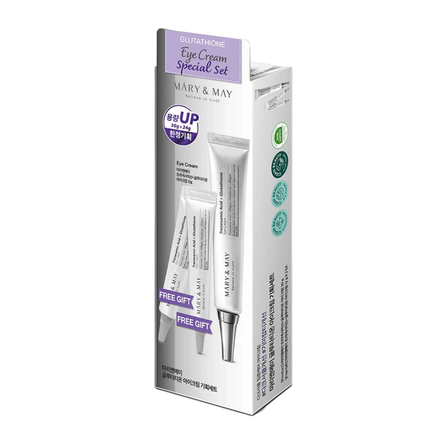Mary&May Glutathione Eye Cream Special Set med bonusprodukter, ett populärt K-beauty-set för intensiv uppljusning och vård av huden runt ögonen.